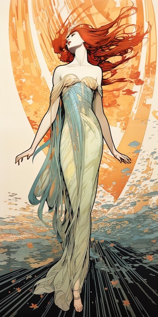 a woman in a long dress with a long flowing skirt is standing in the water