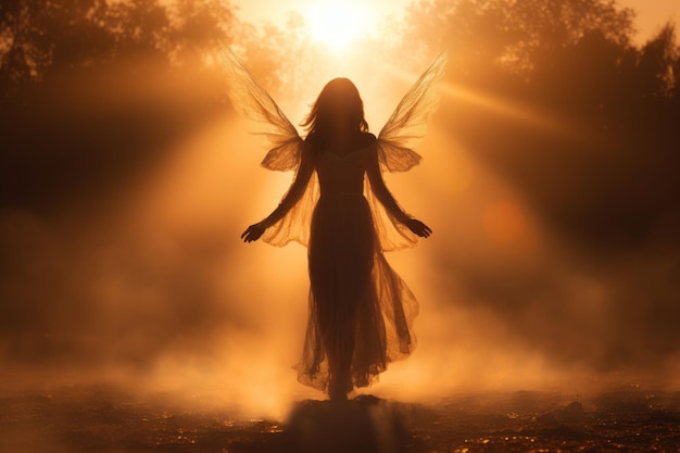 a woman in a long dress with wings is standing in front of the sun