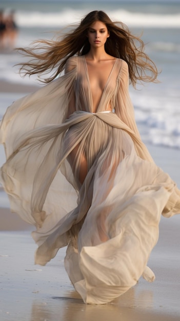 Женщина в длинном летящем платье гуляет по пляжу.