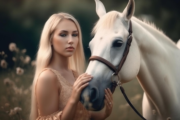 女性の長い髪のブロンドと美しい白い馬の写真