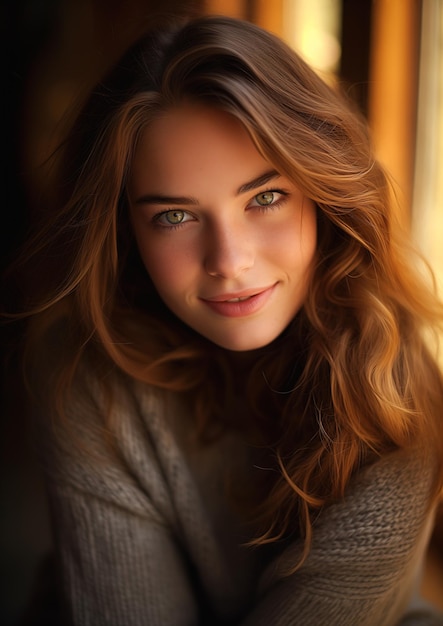 woman long hair green eyes sitting window face light looking looks talented uncanny smile full