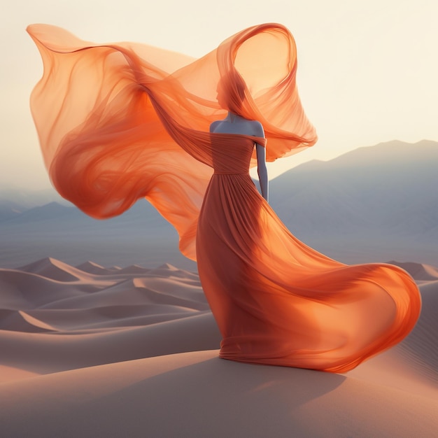A woman in a long orange dress is standing in the desert
