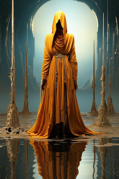 a woman in a long orange dress standing in water