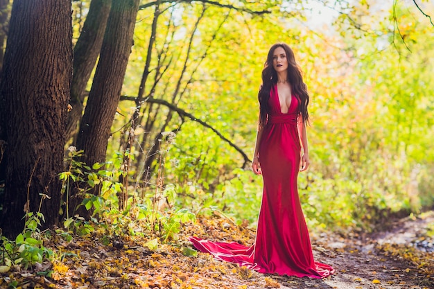 Woman in a long red dress alone in forest. fabulous and mysterious image of a girl in a dark forest in the evening sun. sunset, princess got lost.