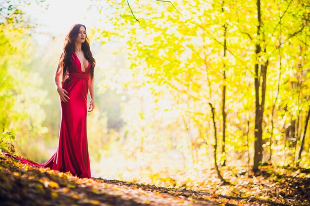 Woman in a long red dress alone in forest. fabulous and mysterious image of a girl in a dark forest in the evening sun. sunset, princess got lost.