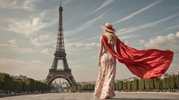 긴 빨간 드레스를 입은 여자가 탑 앞에서 고 있다