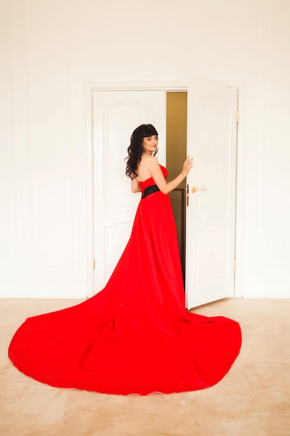  woman in long red dress