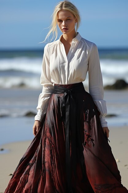 a woman in a long skirt on a beach