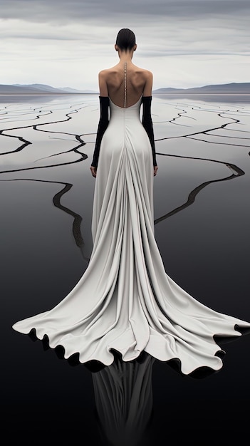 Photo a woman in a long white dress is standing in front of a black and white painting.