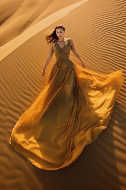 A woman in a long yellow dress walks in the desert.