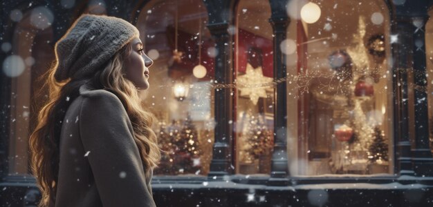 woman looking at the christmas snowfall in a city street