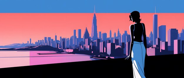 Woman looking at city skyline illustration Urban landscape