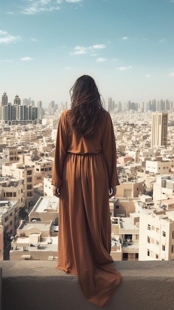 woman looking at cityscape background