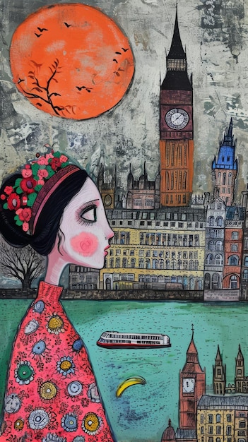 Woman Looking at Clock Tower Painting