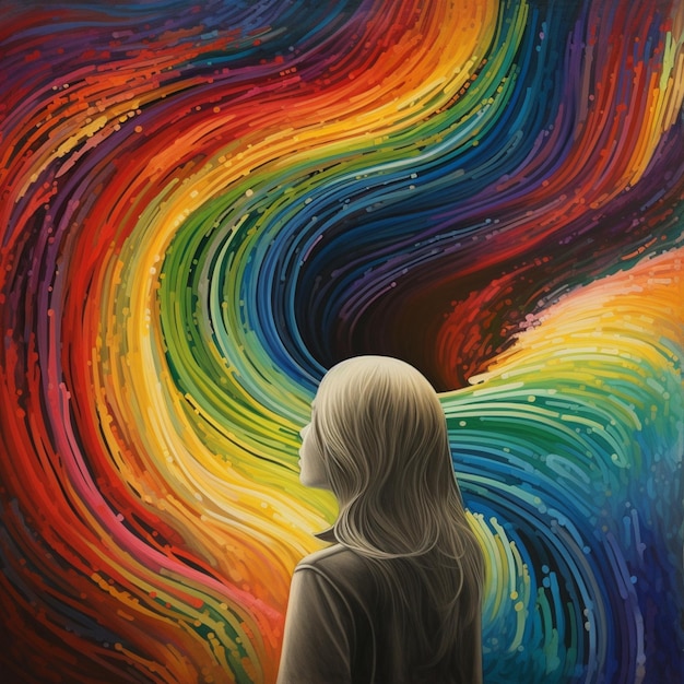 A woman looking at a colorful painting with the word rainbow on it.