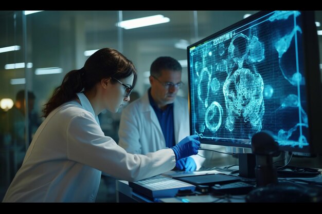 Photo a woman looking at a computer screen and blue dress