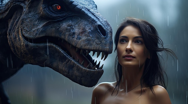 Foto una donna che guarda un dinosauro