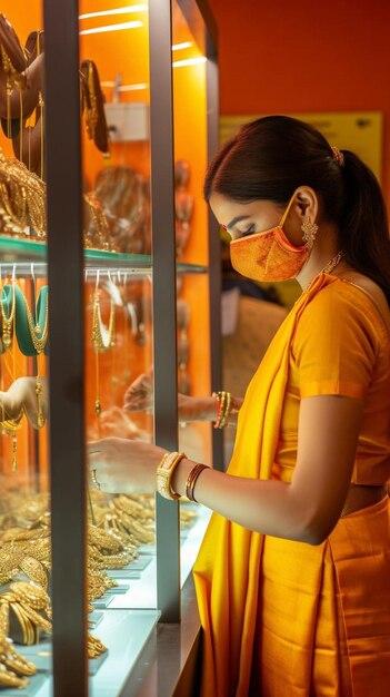 Photo a woman looking at a display of snacks in a store