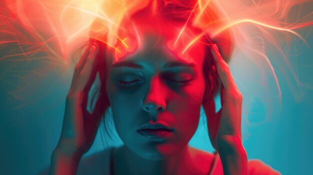 a woman looking distressed with her hands on her head suitable for depicting stress or anxiety in various situations