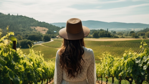 a woman looking at a field of plants and a valley