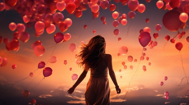 Woman looking at the flying red balloons in the field