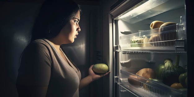 Photo woman looking at food in the fridge at home