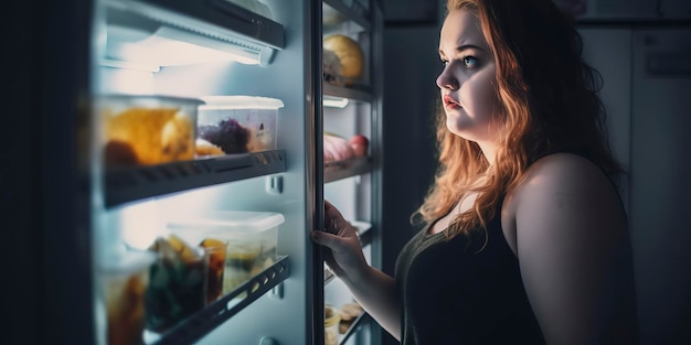 Photo woman looking at food in the fridge at home