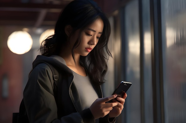 A woman looking at her mobile phone in a dark room