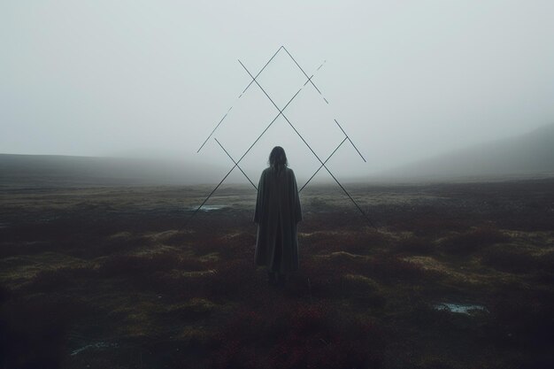 Фото Женщина смотрит в туман с руническим знаком