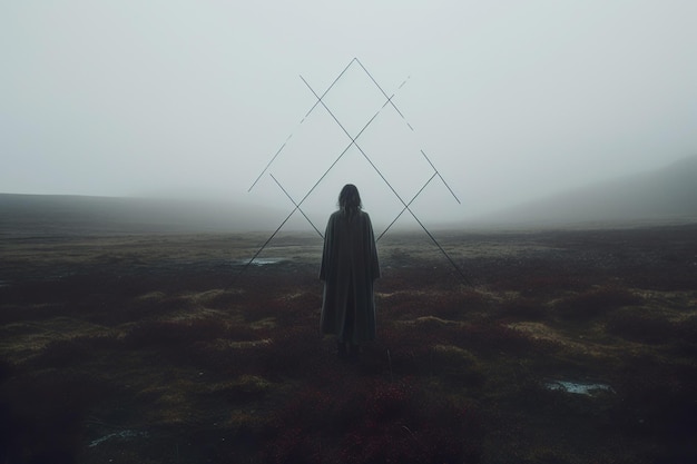 Woman Looking into Mist with a Runic Sign