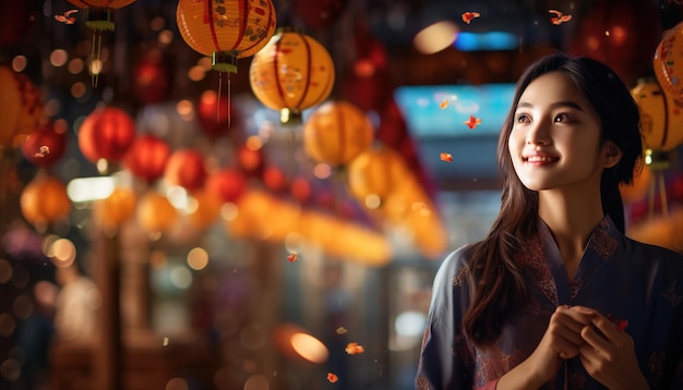 a woman looking at lanterns