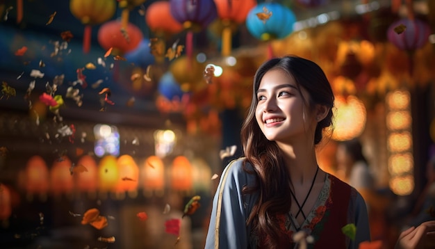 a woman looking at lanterns