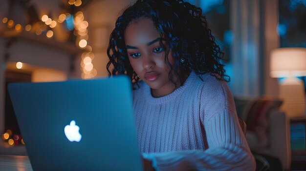 A woman looking at a laptop computer screen with a christmas tree in the background at night time