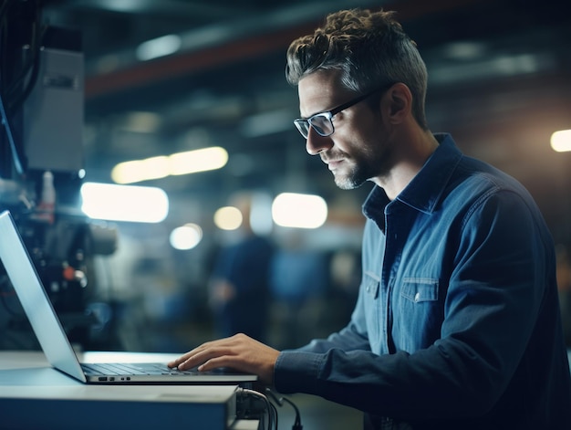 Foto una donna che guarda un laptop in una fabbrica industriale