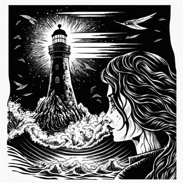 A woman looking at a lighthouse in the ocean with waves generative ai