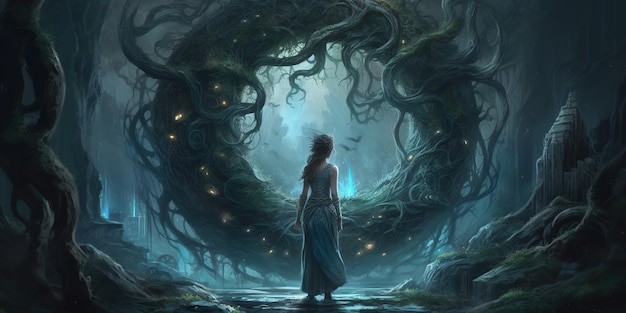 Woman looking at the magical tree of life