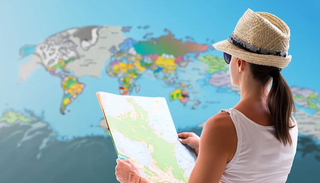 Woman looking at a map of the world