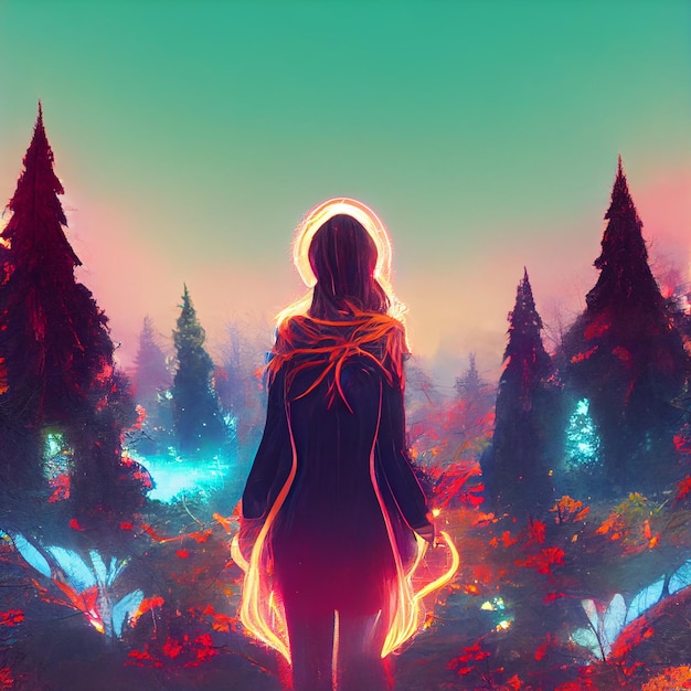 A woman looking at the neon lights in the magic forest