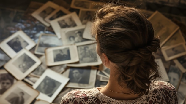 Foto una donna che guarda vecchie fotografie perduta nell'introspezione