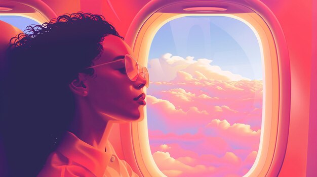 Photo woman looking out of airplane window