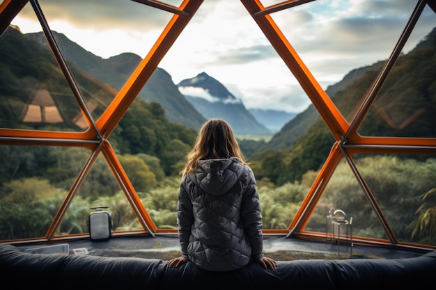 写真 ジオドームのテントから自然を眺める女性