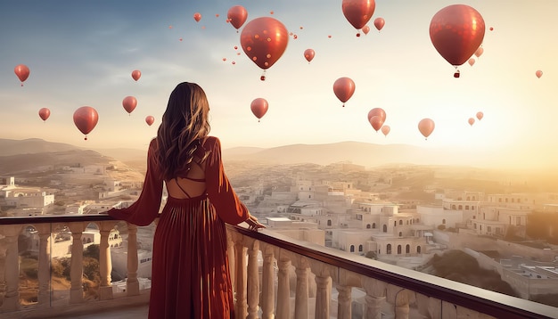 woman looking out balcony overlooking balloons over turkish towns