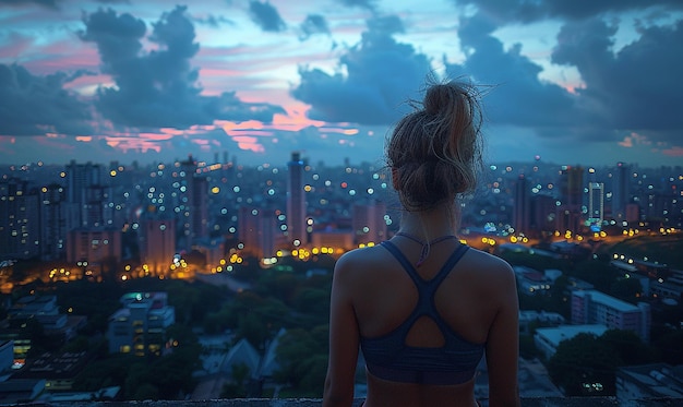 a woman looking out at a city at the sunset