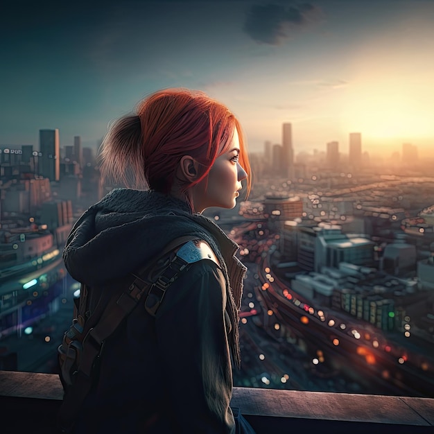 A woman looking out over a city at sunset