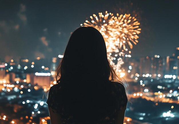 A woman looking out at fireworks in the night sky | Premium AI-generated image