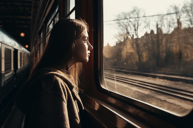 通過する電車を車窓から眺めている女性。