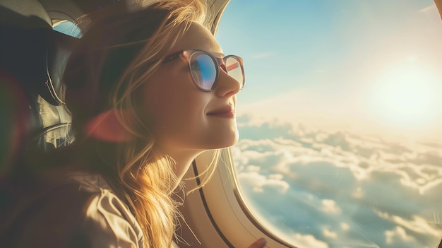 飛行機の窓から外を見ている女性