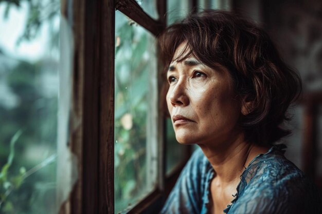 a woman looking out a window at the outside