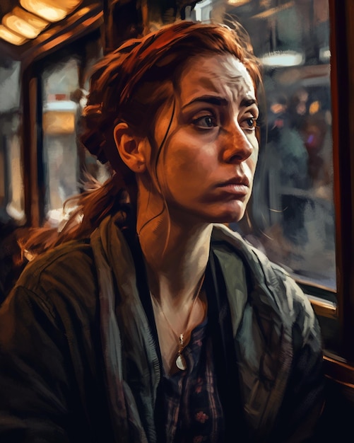 電車で窓の外を眺める女性