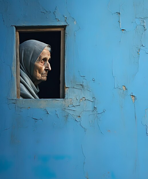 Photo a woman looking out a window with a blue wall behind her